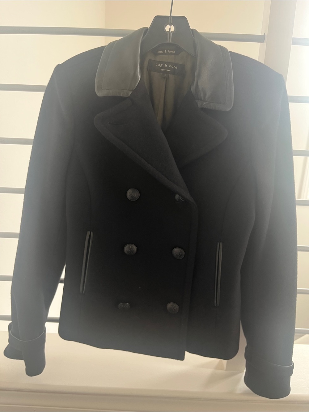 rag & bone Black Double-Breasted Wool Pea Coat with Leather Trim